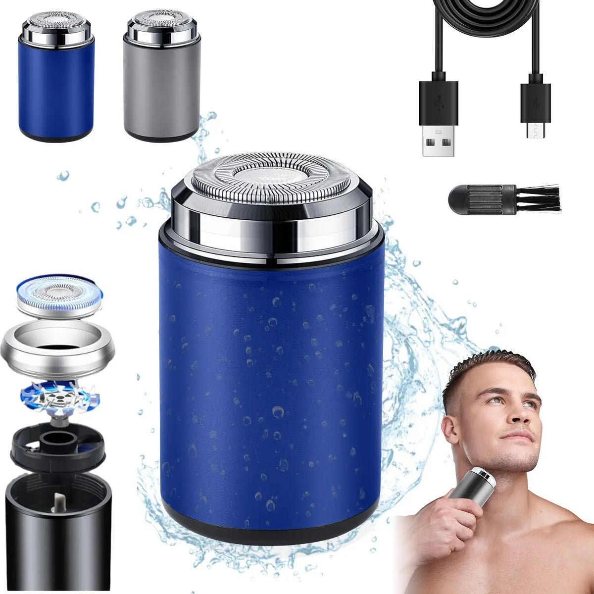 A compact electric beard trimmer is shown with various attachments and a main body in blue and silver tones.