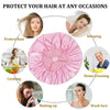 Pink satin bonnet and headband set for protecting hair during various occasions like sleeping, cooking, makeup, and washing f