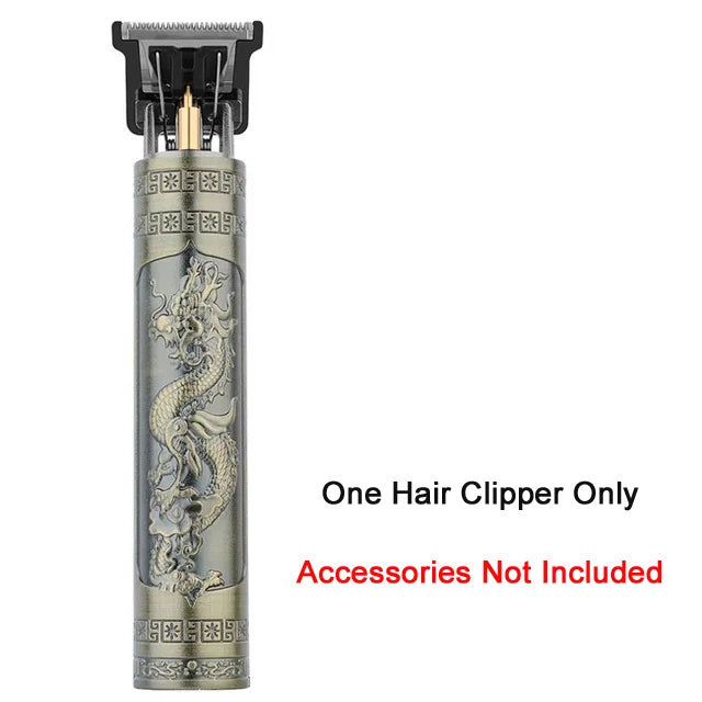 A vintage cordless hair clipper with a decorative metal body and a silver-colored head.