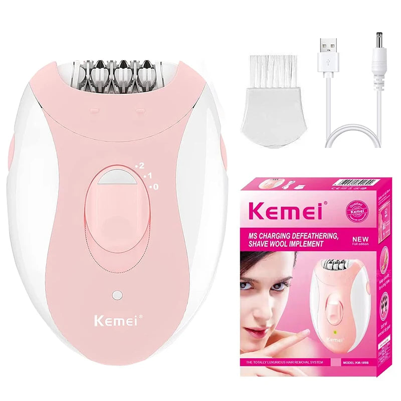 A pink electric body epilator device with a white head and charging cable shown next to its packaging.