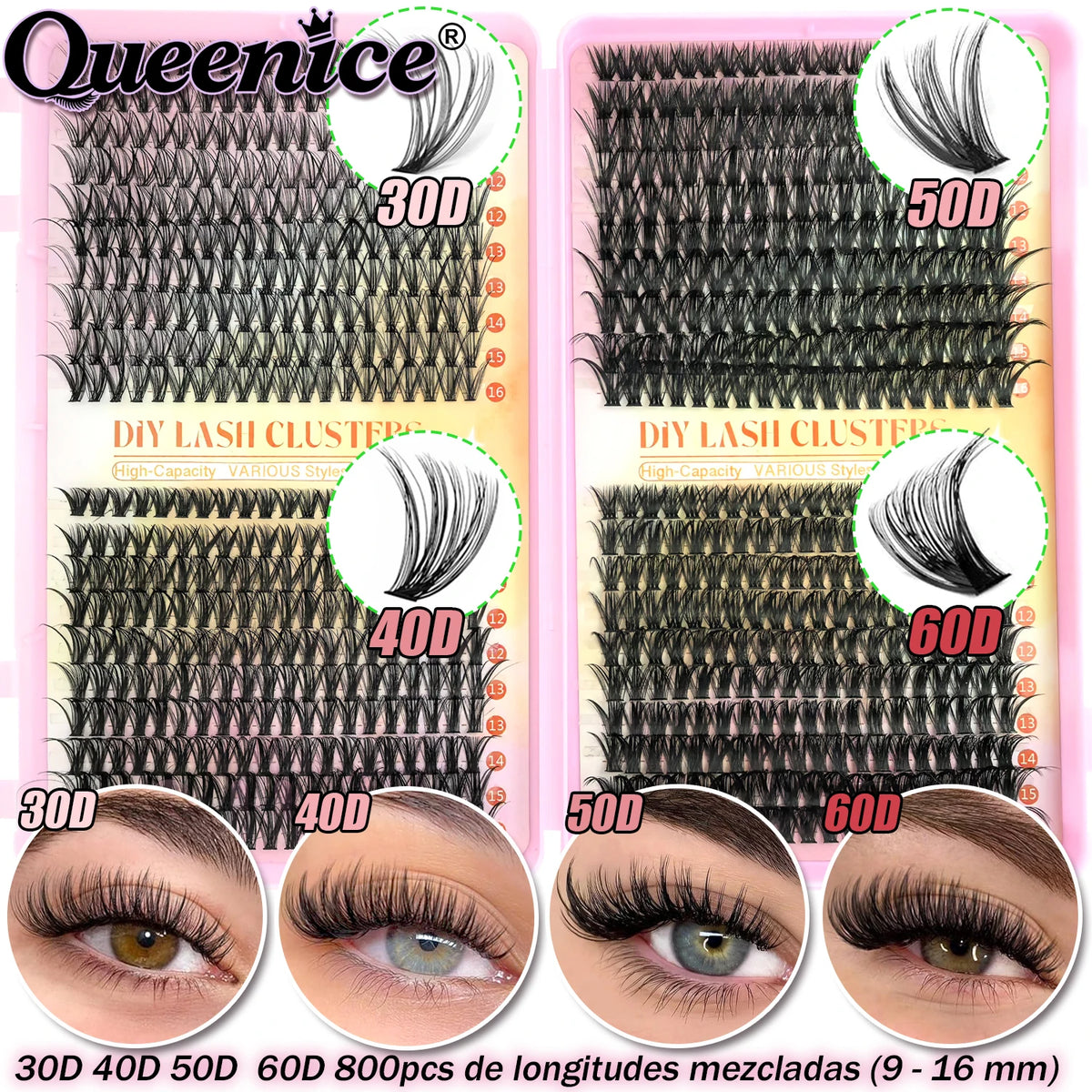 Un ensemble de clusters de cils DIY Queenice de différentes longueurs, densité et styles.