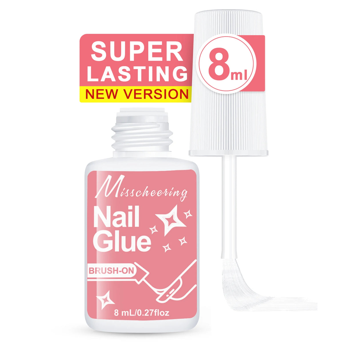 A bottle of Super Lasting New Version 8ml Nail Glue with a dropper and label showing 8ml/0.27floz