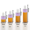 A set of five glass dropper bottles with purple and amber liquid for essential oils and samples, showing various volumes.