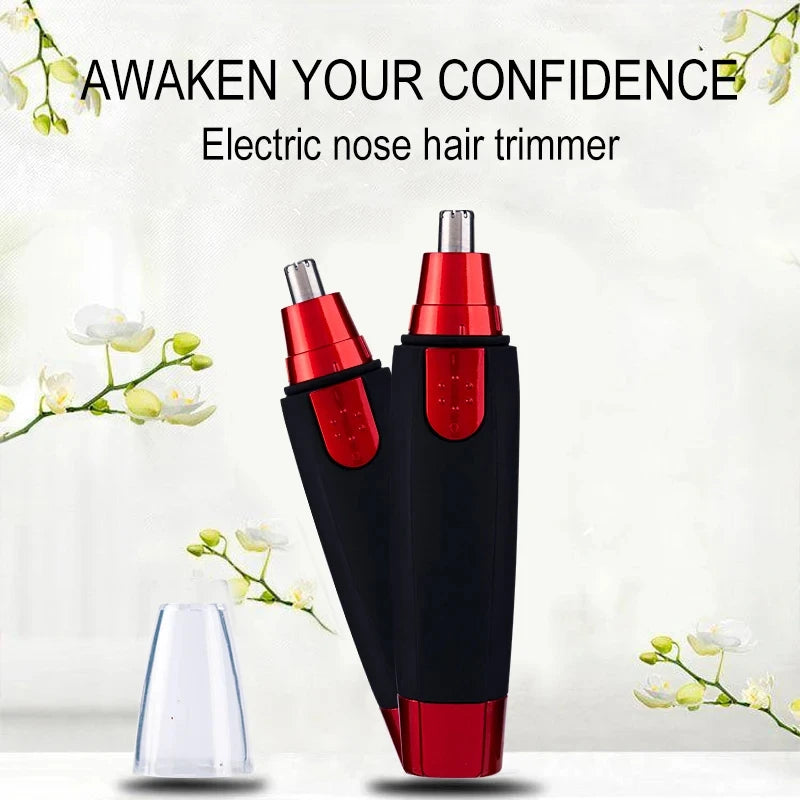 A pair of red and black electric nose hair trimmers are displayed against a white background.