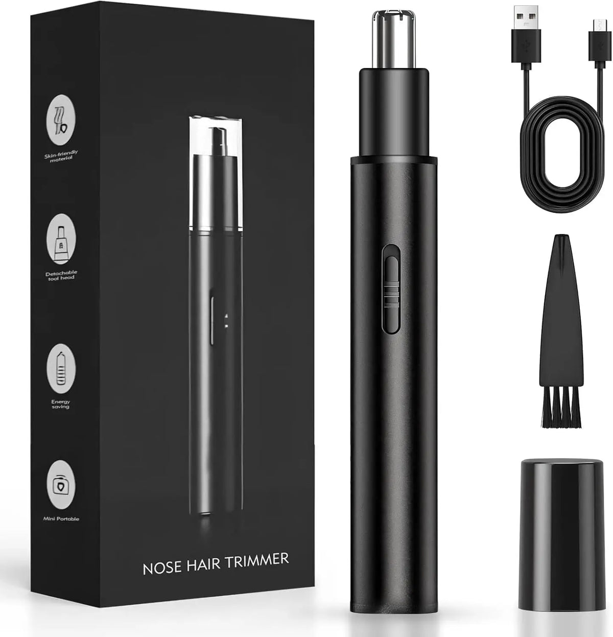 A black professional rechargeable nose hair trimmer shown with its components and packaging.