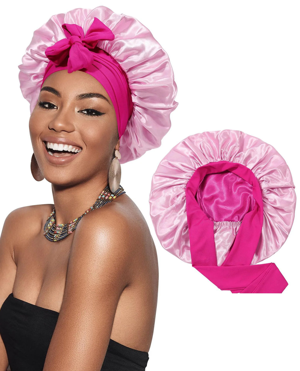 Eine Frau modelliert ein rosa satiniges, doppelschichtiges Haube mit Schleifchen und passendes Stoff