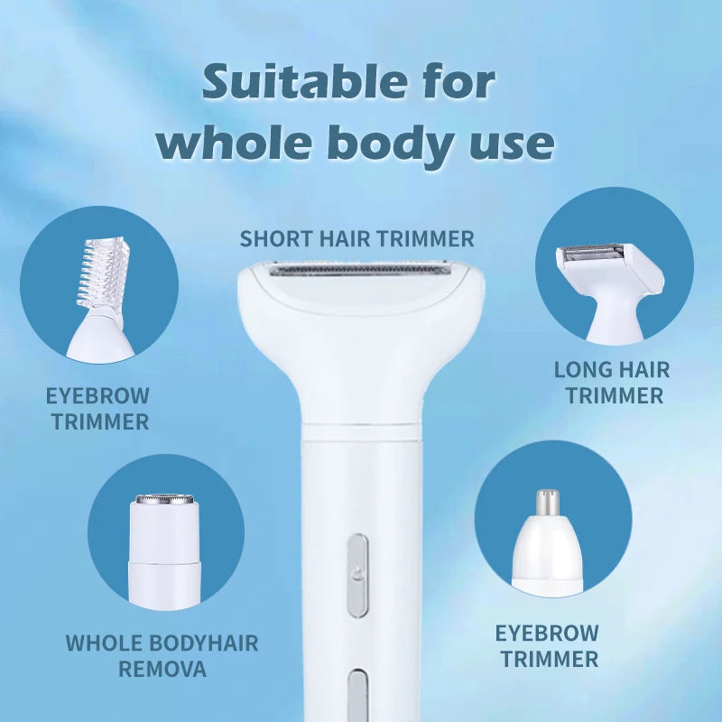 A white electric hair remover device shown with various attachments for whole body and eyebrow trimming.