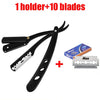 A black folding straight razor with ten blades and a holder, featuring a stainless steel detail.