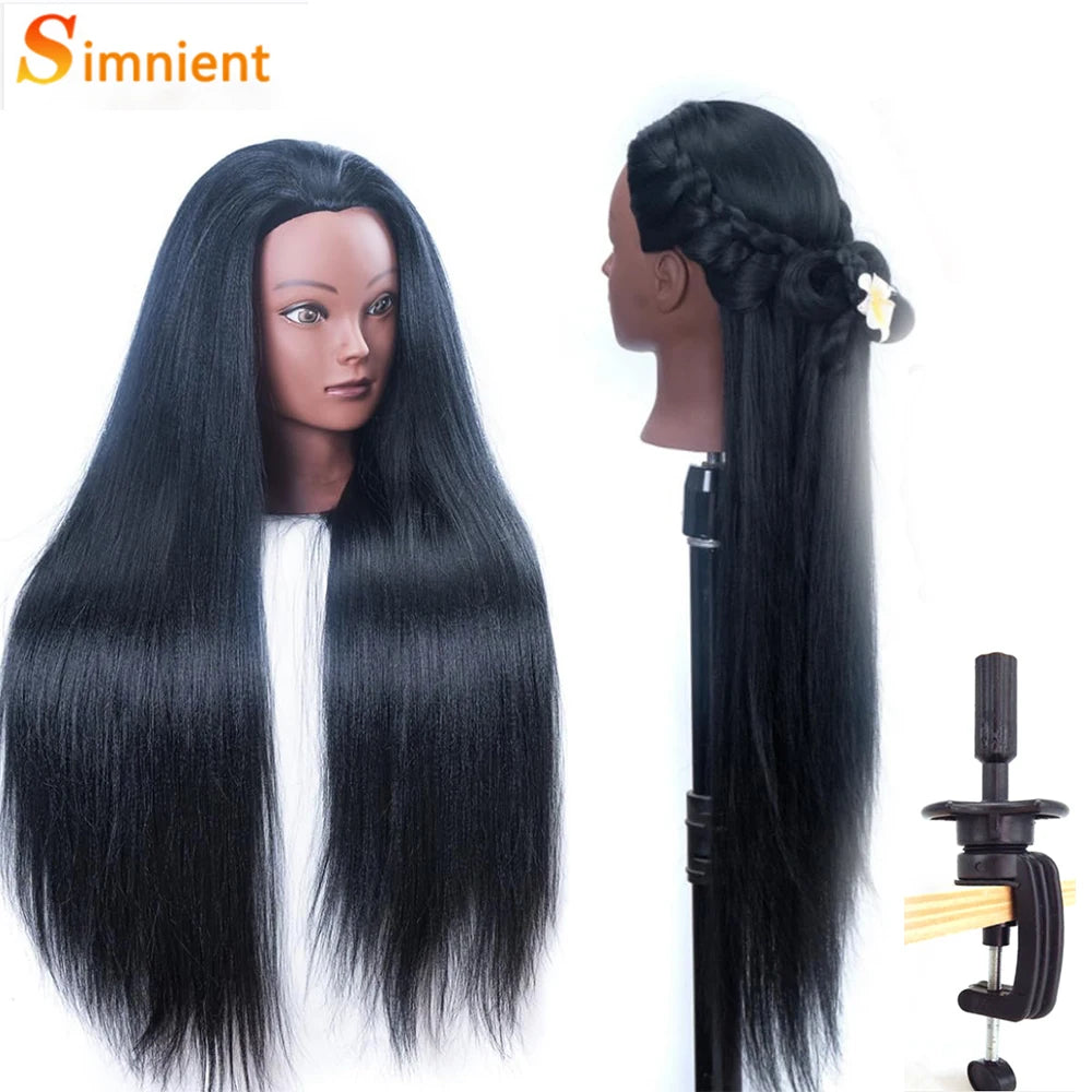 Long black hair extension installed on a mannequin head for cosmetology practice