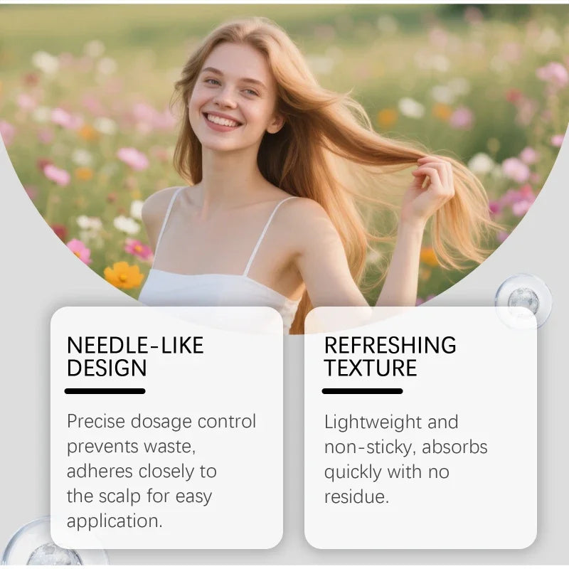 A young woman with long blonde hair is shown applying a needle-like design product to her scalp in an outdoor setting.