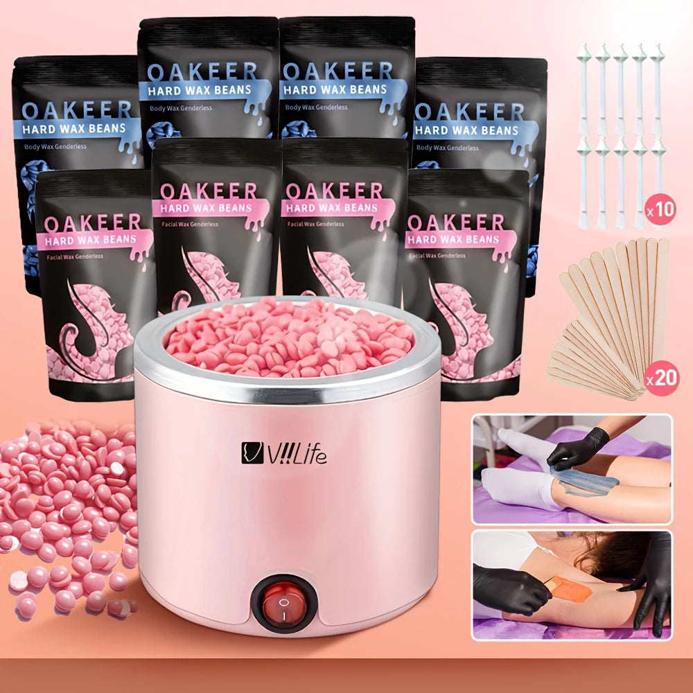 A set of Oakeer hard wax beans and a pink hair removal wax melting device with applicators.