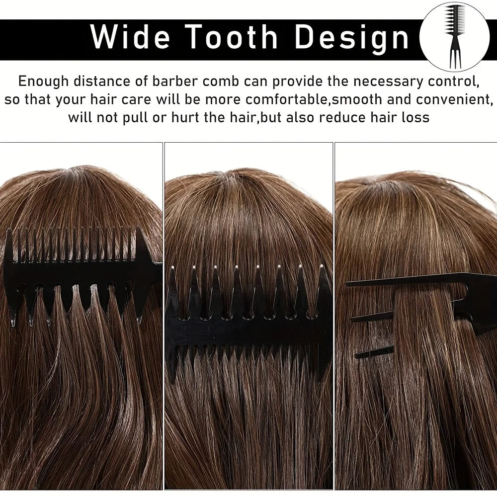 Close-up view of a wide tooth design comb set used for detangling and styling long brown hair.