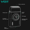 A side view of a VGR Voyager electric beard and mustache trimmer showing various features like coating foils, buttons, and a 