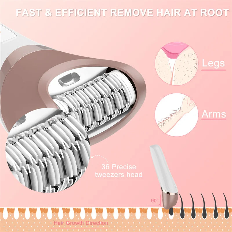 A close-up view of a portable electric hair remover device showing various tweezers heads for removing hair at the root on le