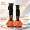Orange VGR cordless hair trimmer with fixed and moving blades shown on a display stand