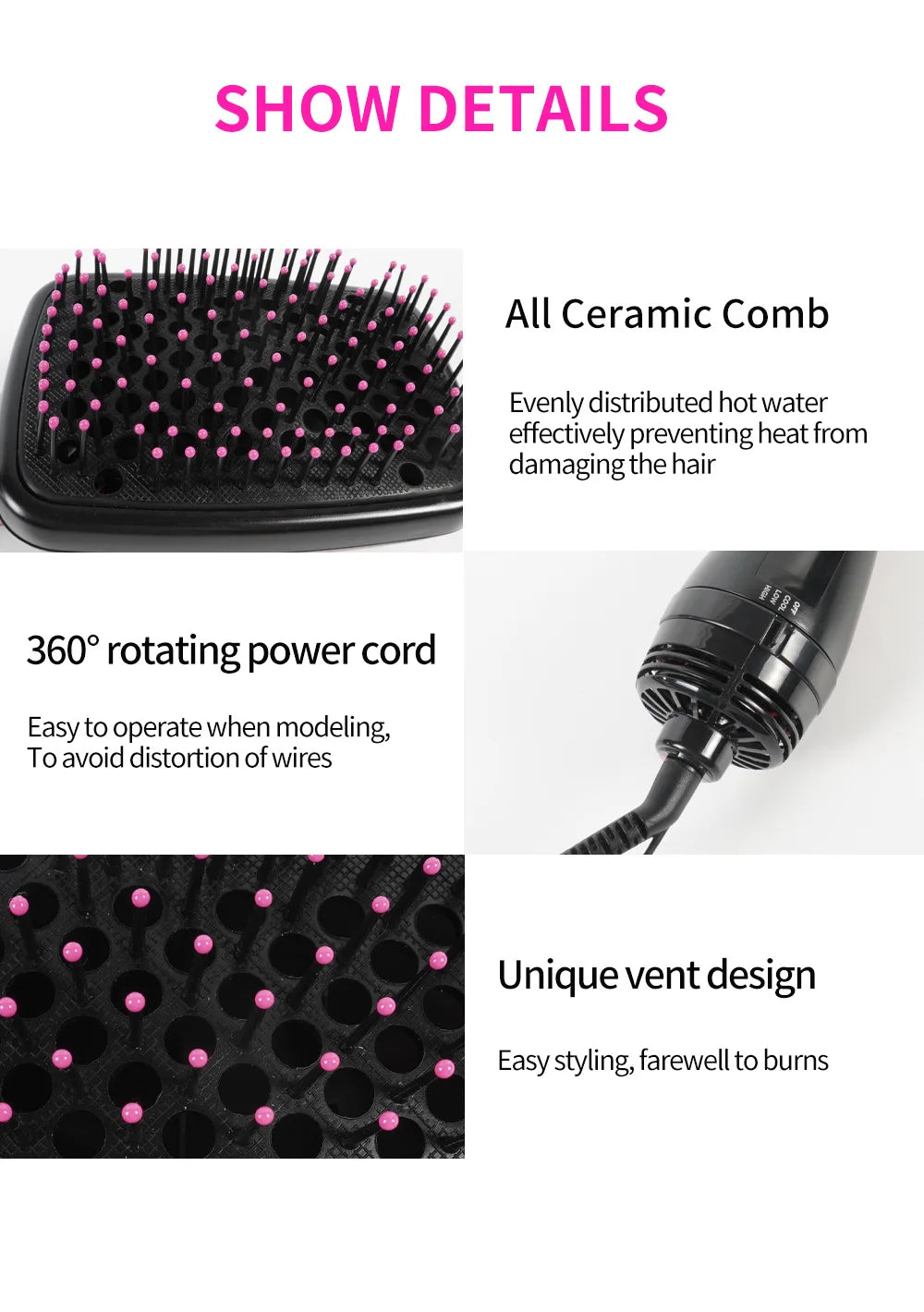 Black ceramic comb hair brush with pink bristles and a 360 rotating power cord and unique vent design