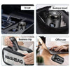 A black electric shaver is shown in various contexts including in a car, for business travel, during a trip, and for office u