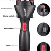 A black electric twist braiding tool with various parts labeled including a rotary switch, clamp switch, and handle.