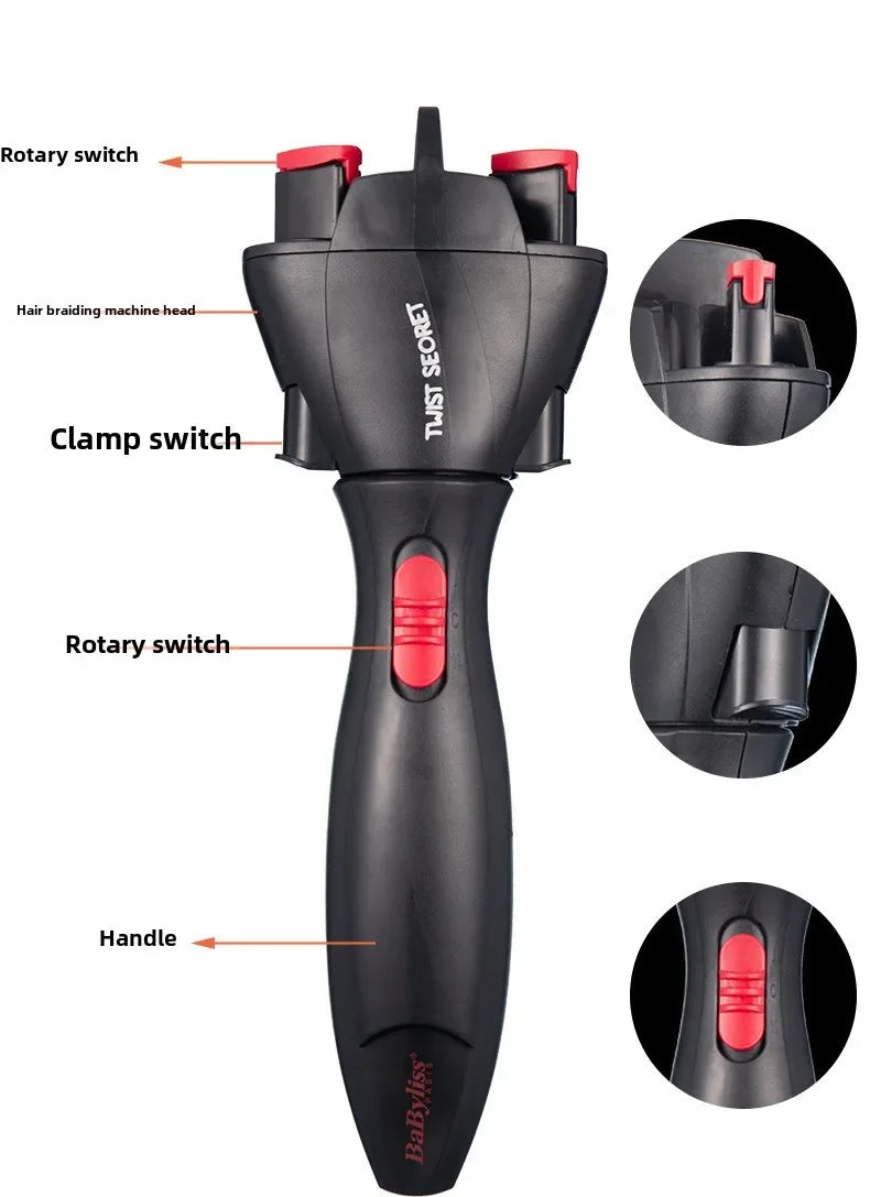 A black electric twist braiding tool with various parts labeled including a rotary switch, clamp switch, and handle.