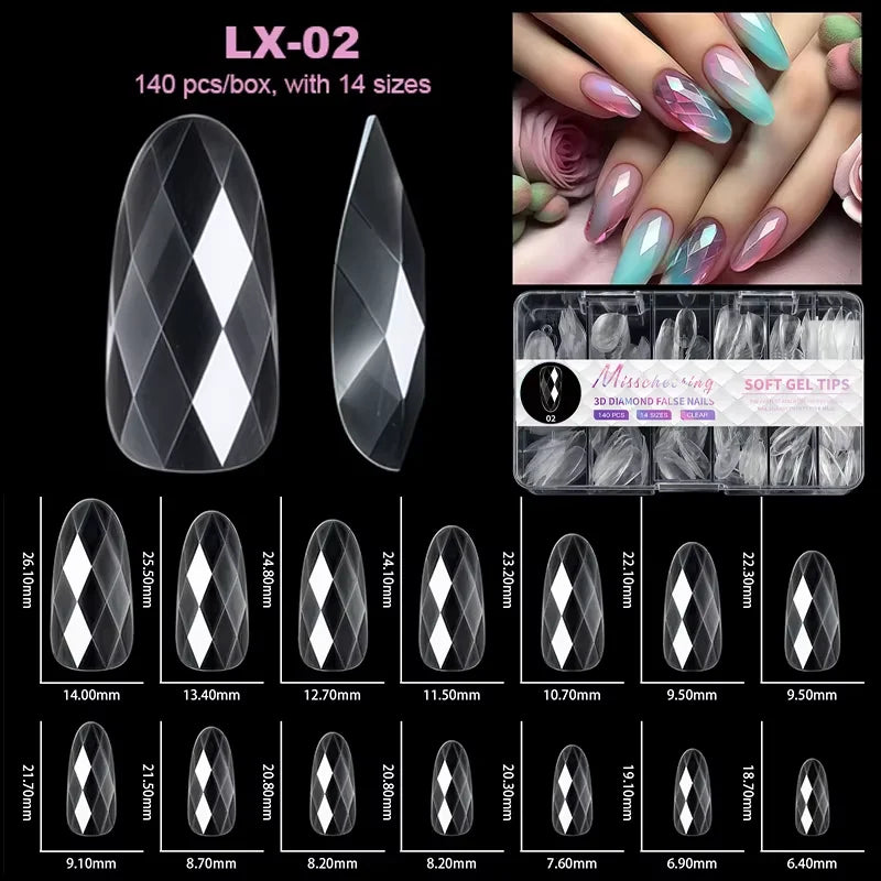 Diverses tailles (14) de pointes de ongles en acrylique LX-02, montrant différentes longueurs et formes.