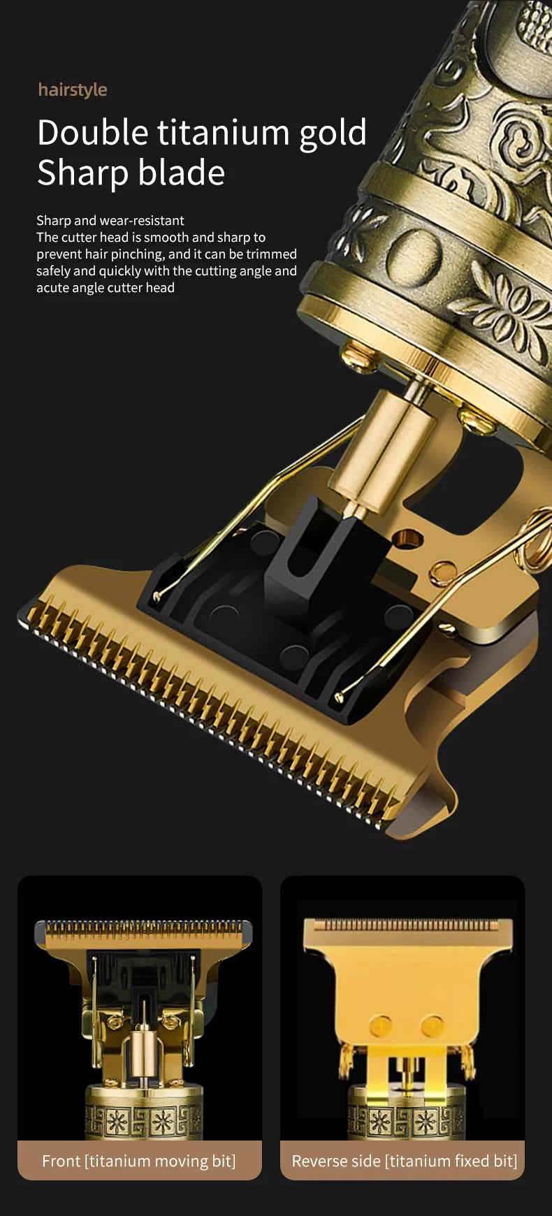 Close-up view of a double titanium gold sharp blade hair clipper with moving and fixed bits.