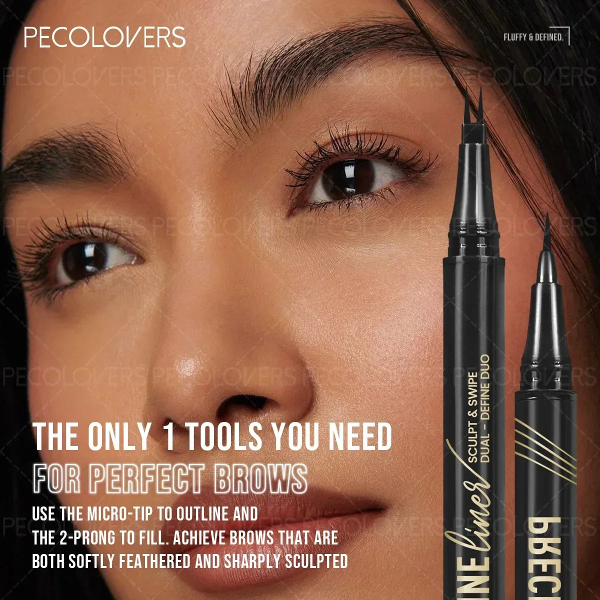 A close-up of an eyebrow pencil set showing tools for shaping brows, including a micro-tip and a prong applicator.