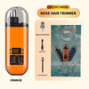 Orange precision nose hair trimmer with backup blade, data cord, and cleaning brush shown on a product background.