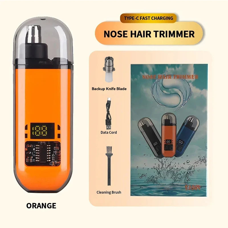 Orange precision nose hair trimmer with backup blade, data cord, and cleaning brush shown on a product background.