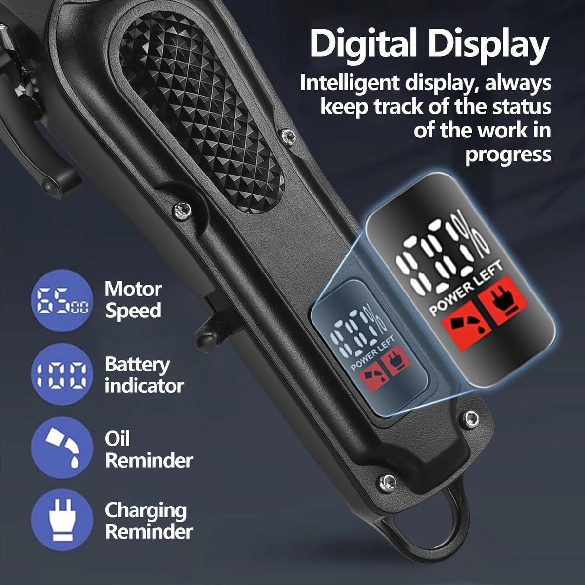 Close-up of a black professional cordless and wired hair clipper with a digital display showing power level and status indica