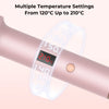 A close-up of a ceramic curling iron displaying temperature settings ranging from 120°C to 210°C on its digital display.