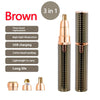 Brown 3-in-1 facial and body hair removal device with replacement heads and USB charging capability