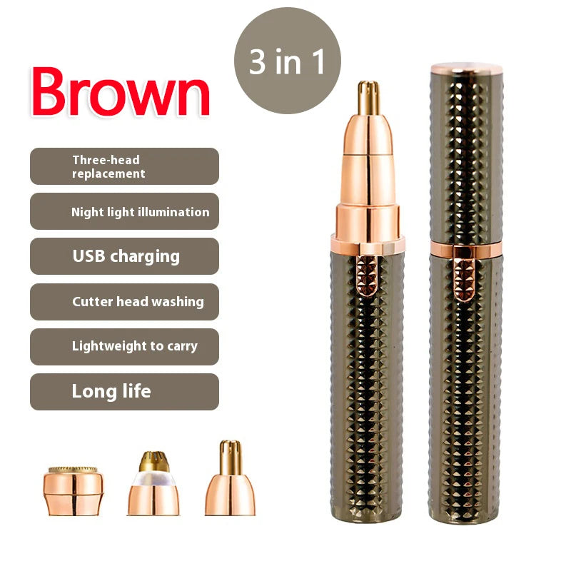 Brown 3-in-1 facial and body hair removal device with replacement heads and USB charging capability