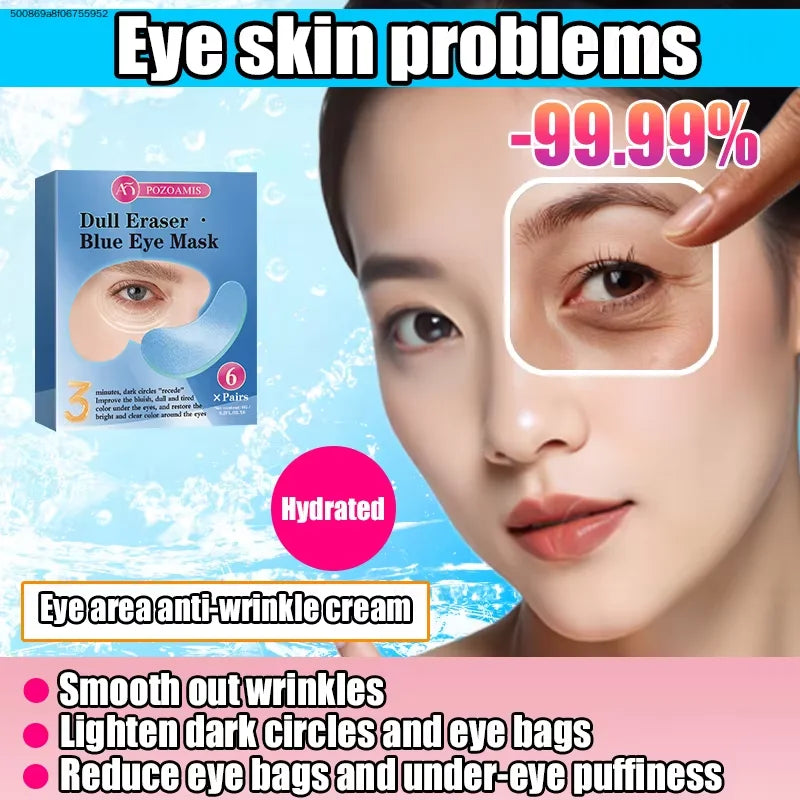 A close-up of a woman's eye with an eye mask and anti-wrinkle cream product packaging shown in the background.