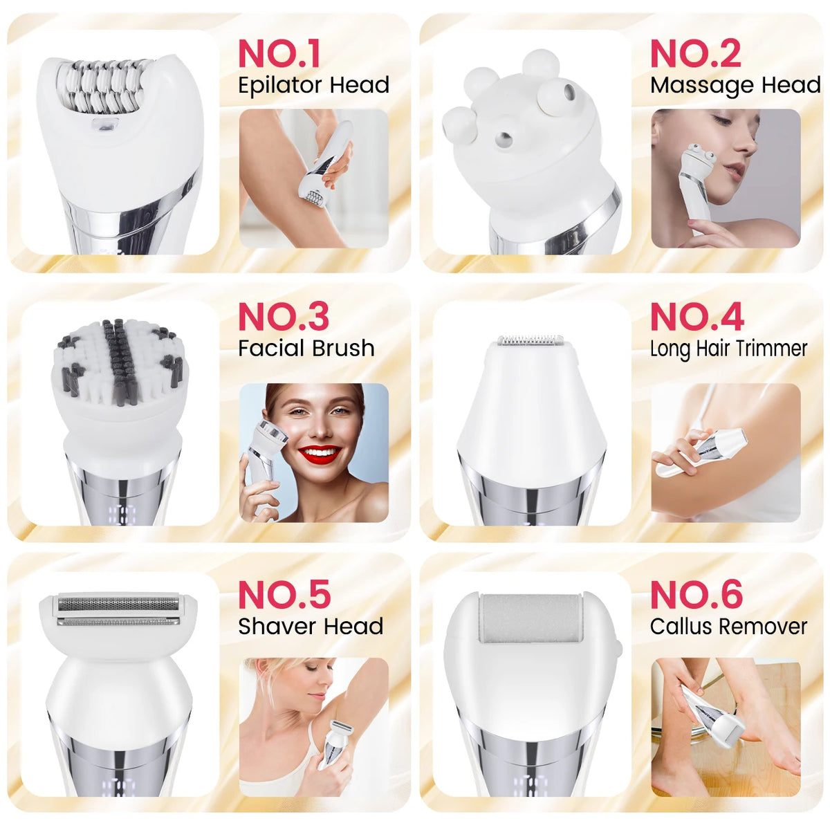 A collection of six portable electric beauty tools including an epilator head, massage head, facial brush, hair trimmer, shav