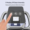 A hand is pressing a button on a gray deep tissue massage gun device with a digital display showing 88.
