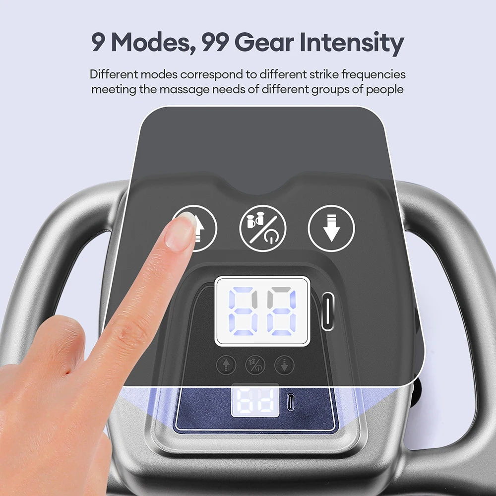 A hand is pressing a button on a gray deep tissue massage gun device with a digital display showing 88.