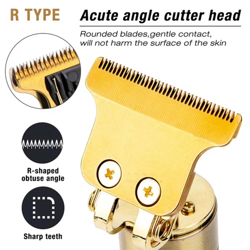 A gold-colored R type acute angle cutter head with rounded blades and sharp teeth for hair grooming.