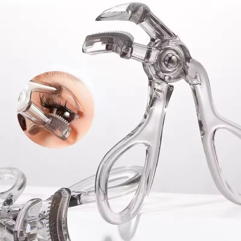 A clear plastic dual eyelash curler and comb set with gripping tools shown against a white background.