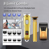 A set of electric hair clippers and trimmers showing various limit combs and clipper heads for professional grooming.