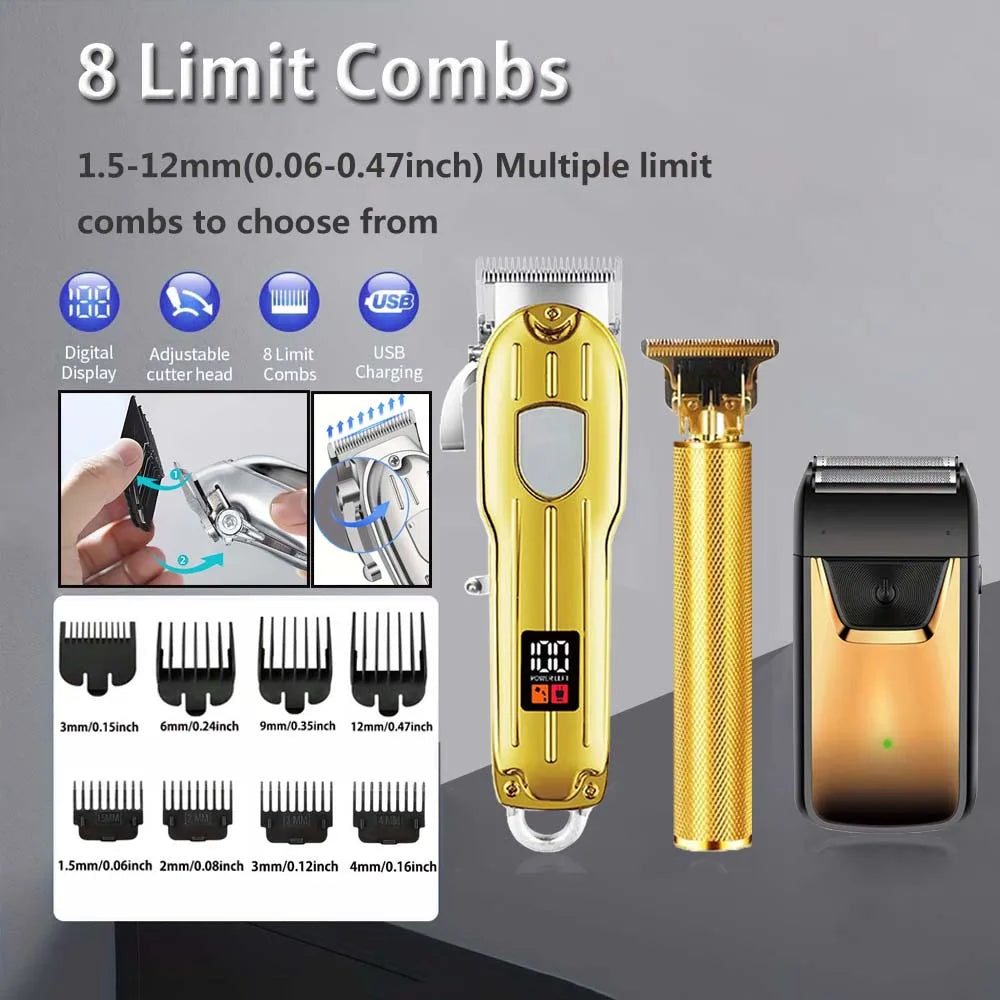 A set of electric hair clippers and trimmers showing various limit combs and clipper heads for professional grooming.