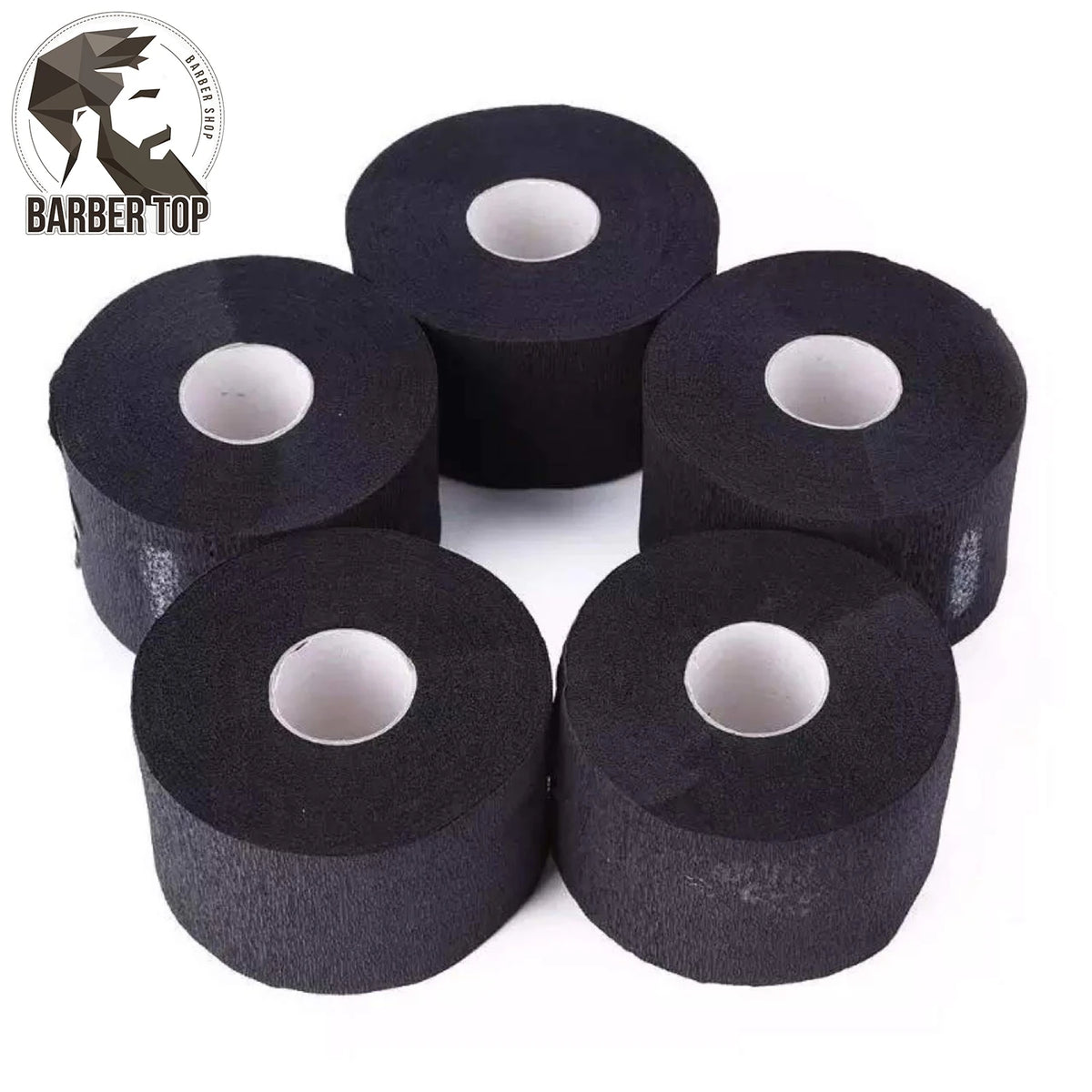 Several rolls of black disposable neck paper used for salon procedures