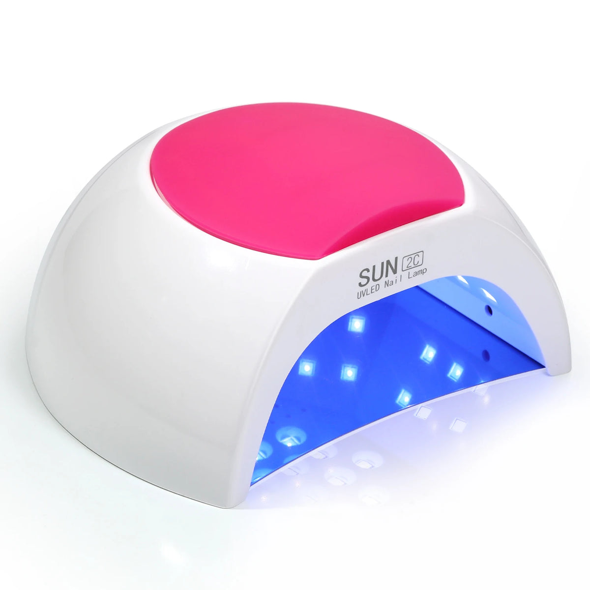 Lampe UV pour ongles blanche avec dôme rose et lumière LED bleue visible en dessous.