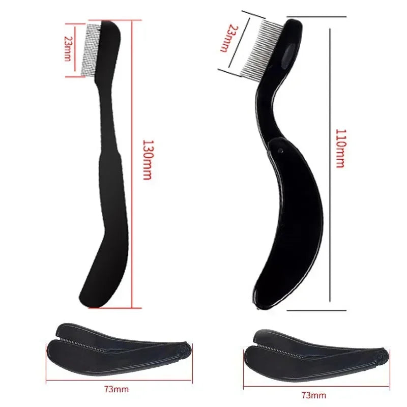 Un ensemble de peignes pliables pour cils et sourcils noirs, montrés sous différents angles.