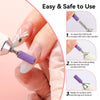 A hand is shown inserting sanding bands over a small mandrel drill bit for nail surface work.