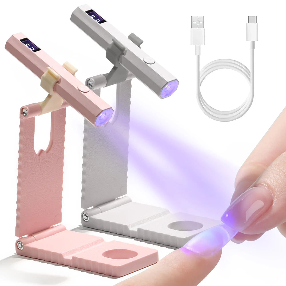 A portable UV nail lamp device is shown with its components and a hand applying the light to a fingernail.