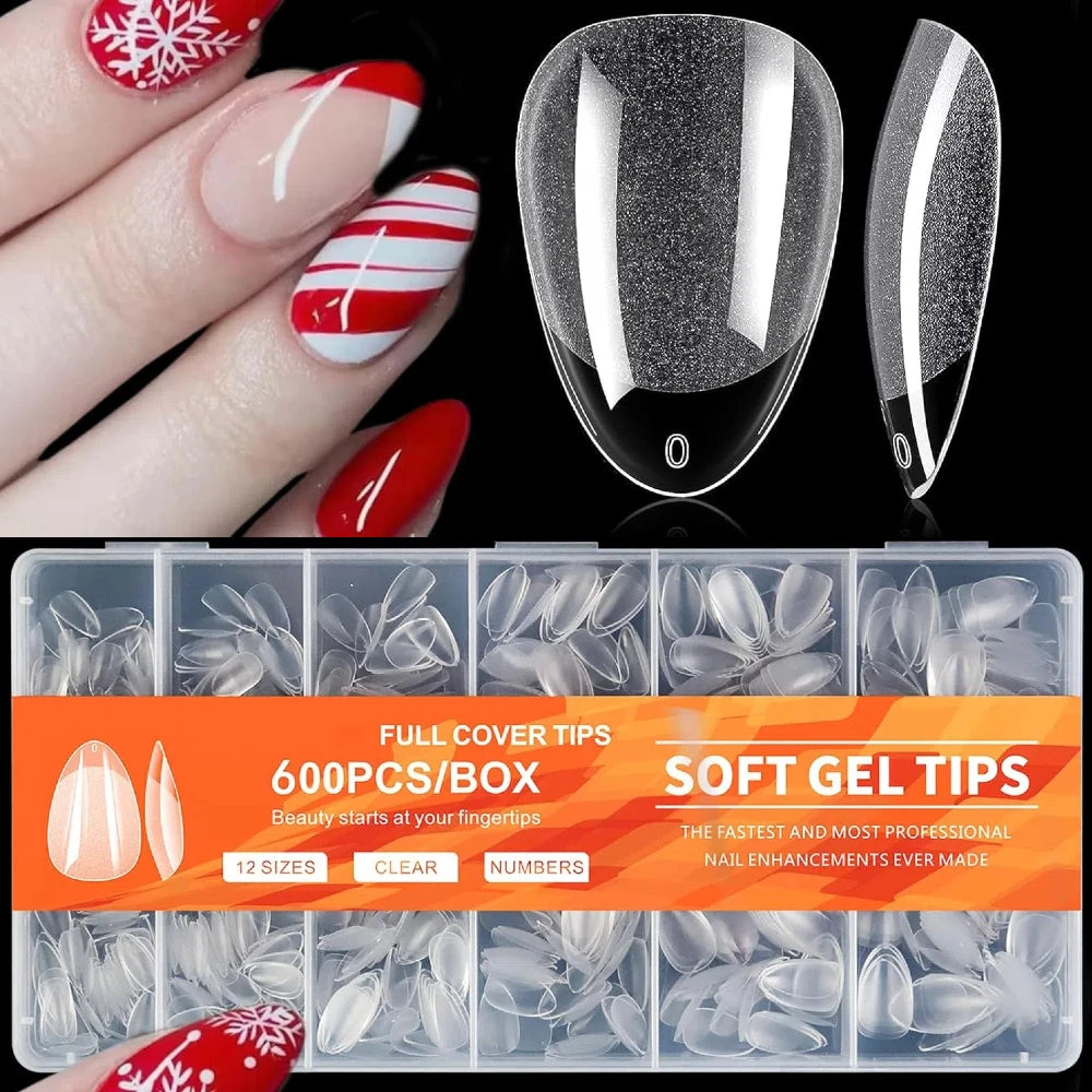 A box of 600 clear acrylic nail tips and soft gel tips for nail enhancements