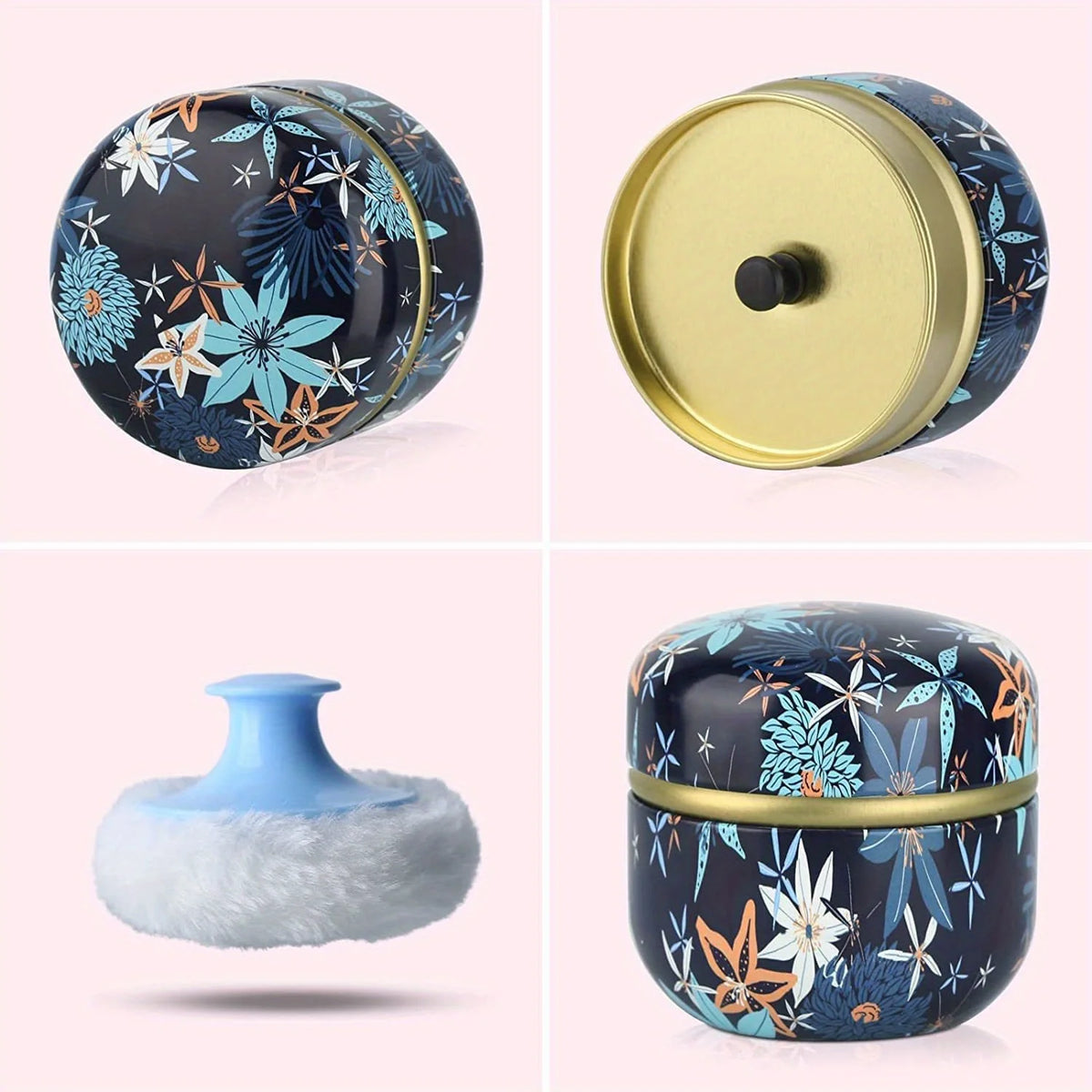 Applicateur de maquillage portable et boîte à poudre, vues variées avec couvercle rond et contenant ouvert avec applicateur m