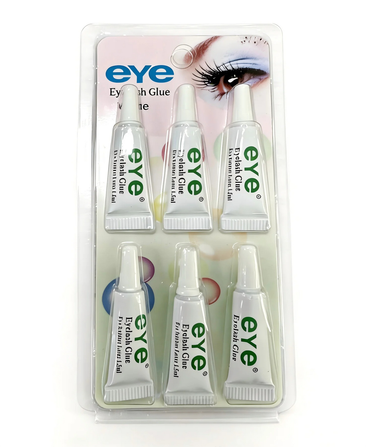 A clear plastic container holding several tubes of eye lash glue for false lashes.
