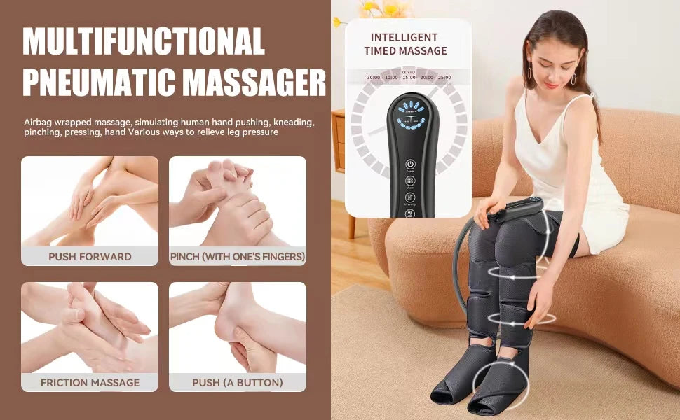 A woman is using a black pneumatic massager on her leg while sitting on a sofa.