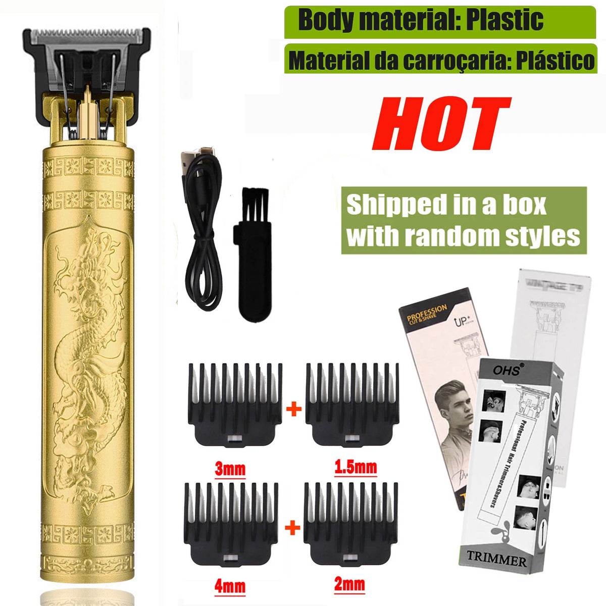 A set of electric hair trimmers with various guard sizes including 3mm, 1.5mm, 4mm, and 2mm, packaged in a box.